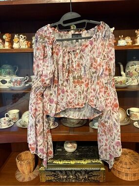 Current Mood Floral Tie-Front Peasant Blouse in Pink and Cream